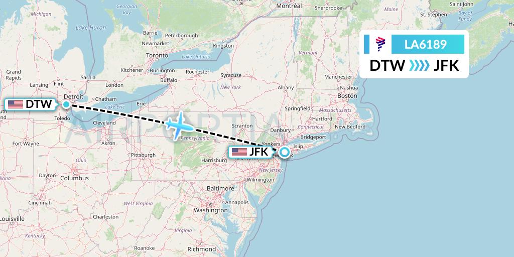 LA6189 LAN Airlines Flight Map: Detroit to New York