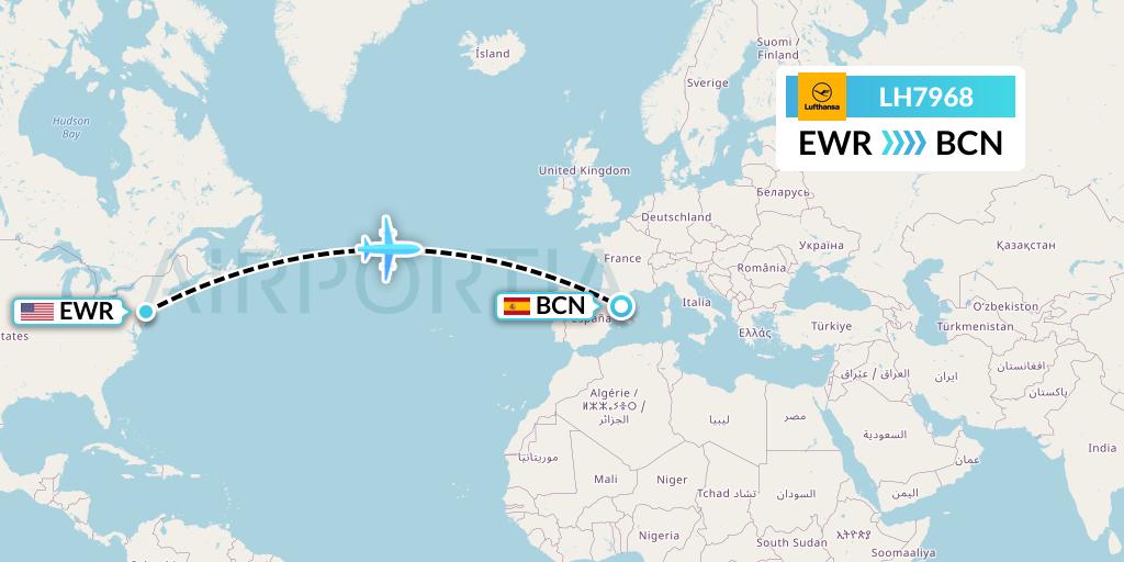 LH7968 Lufthansa Flight Map: New York to Barcelona
