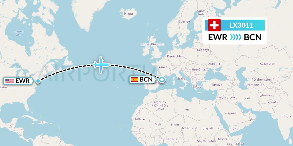 LX3011 Swiss Flight Map: New York to Barcelona