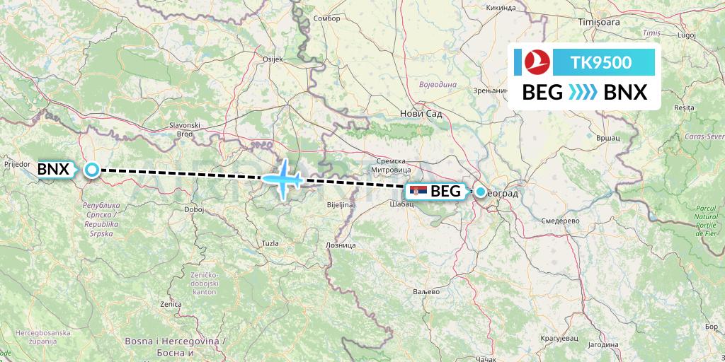 TK9500 Turkish Airlines Flight Map: Belgrade to Banja Luka