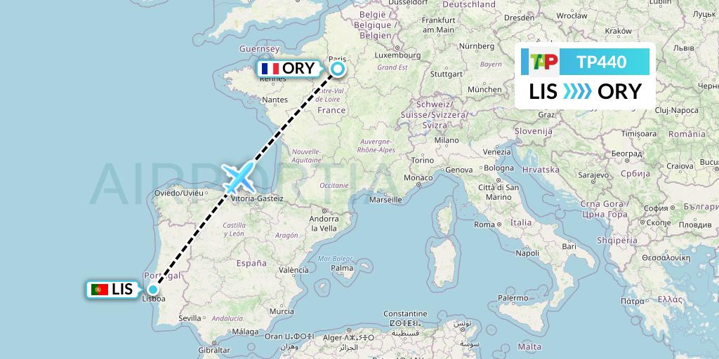 TP440 TAP Portugal Flight Map: Lisbon to Paris