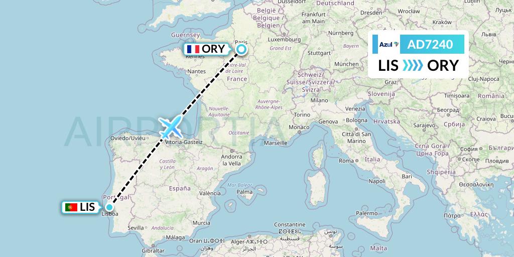 AD7240 Azul Brazilian Airlines Flight Map: Lisbon to Paris