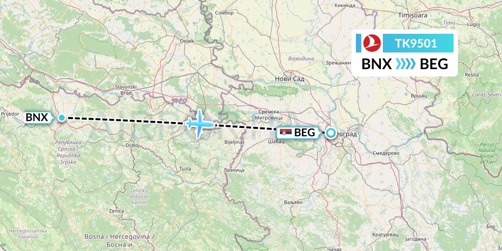 TK9501 Turkish Airlines Flight Map: Banja Luka to Belgrade