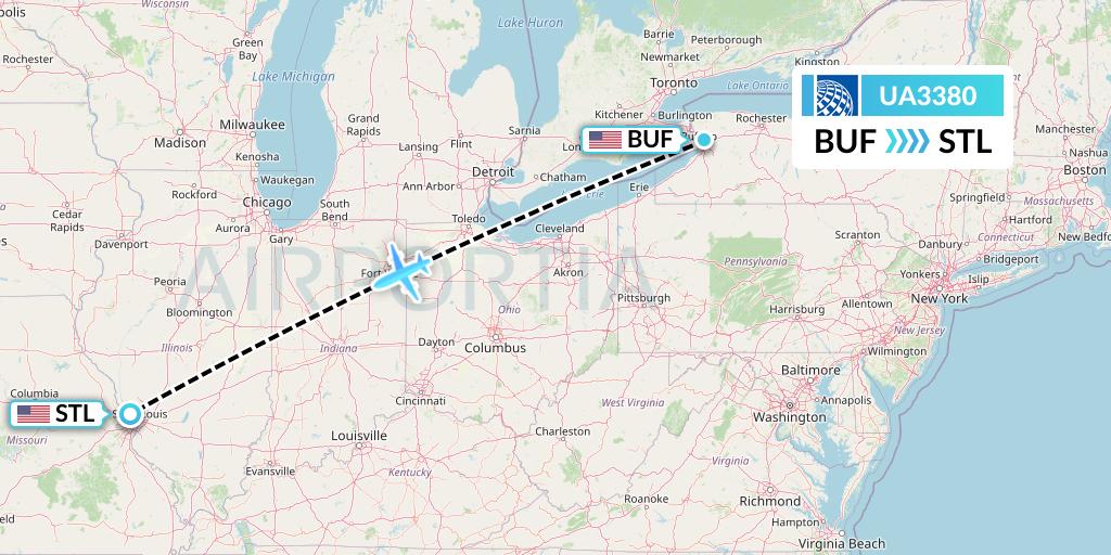 UA3380 United Airlines Flight Map: Buffalo to St. Louis