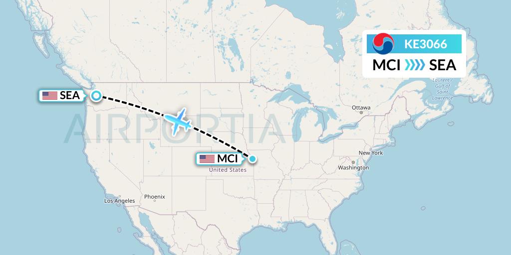 KE3066 Korean Air Flight Map: Kansas City to Seattle