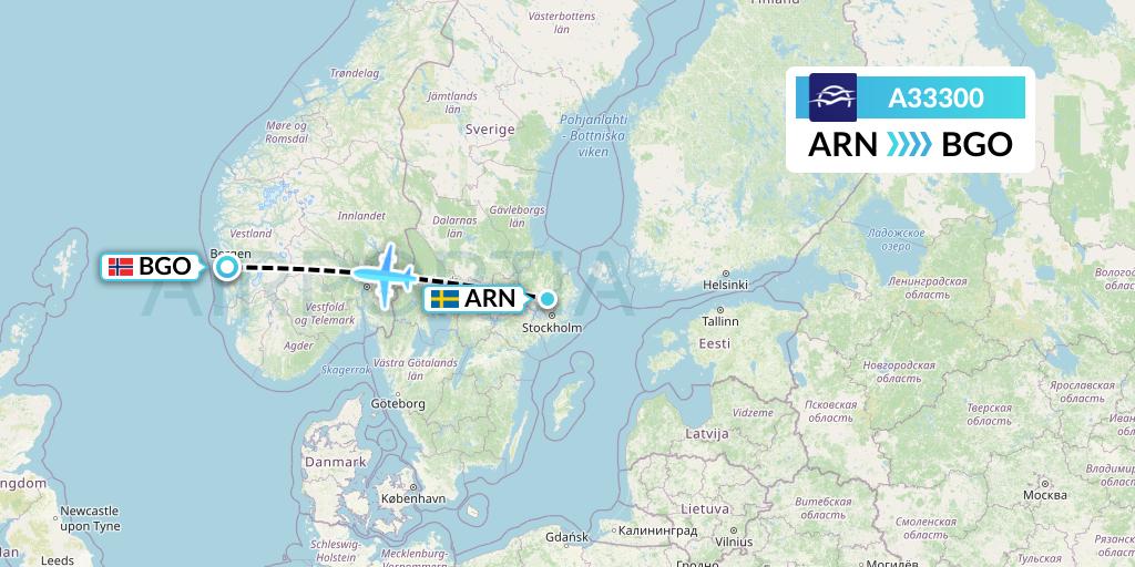 A33300 Aegean Airlines Flight Map: Stockholm to Bergen