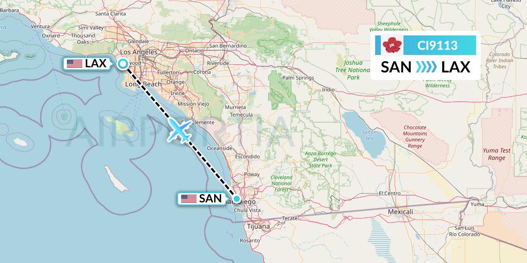 CI9113 China Airlines Flight Map: San Diego to Los Angeles