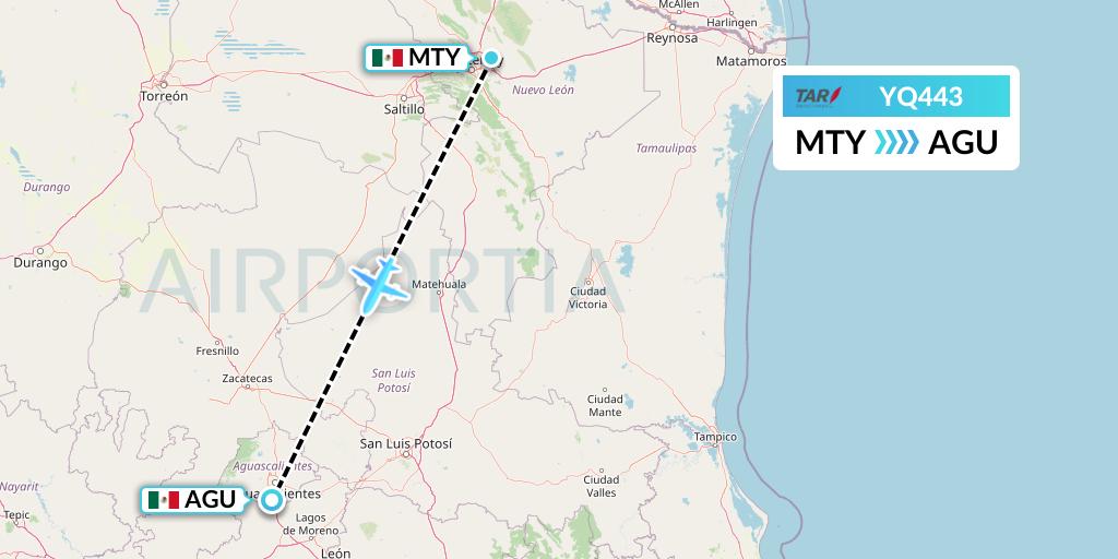 YQ443 TAR Aerolineas Flight Map: Monterrey to Aguascalientes