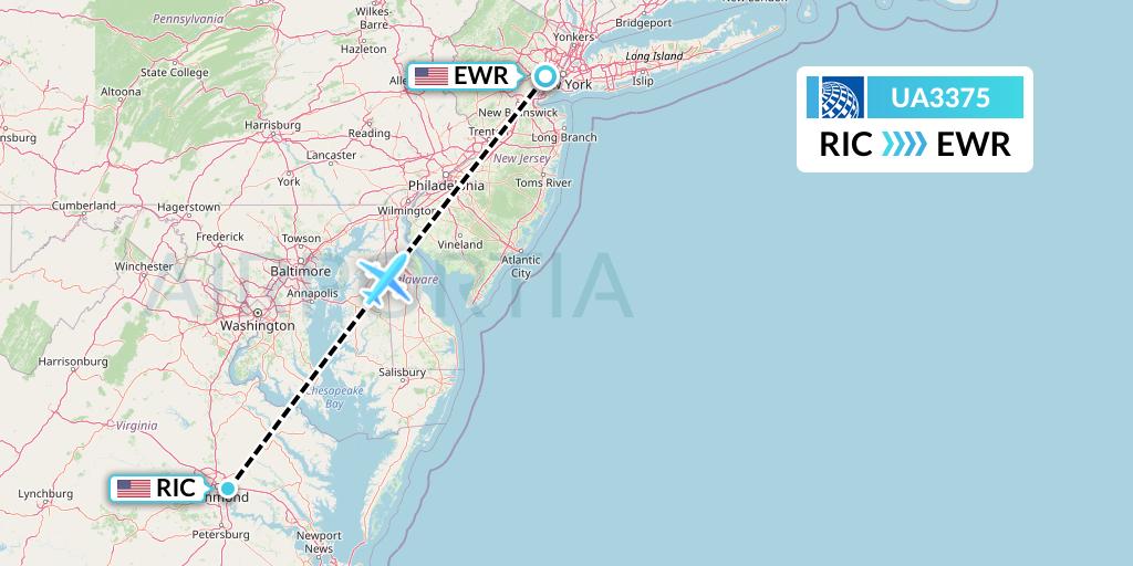 UA3375 United Airlines Flight Map: Richmond to New York