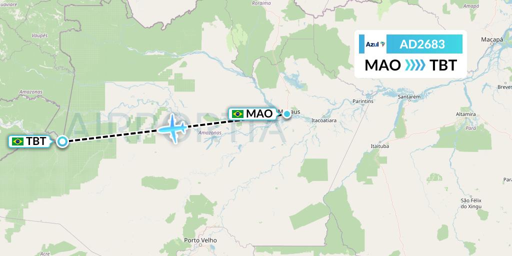 AD2683 Azul Brazilian Airlines Flight Map: Manaus to Tabatinga