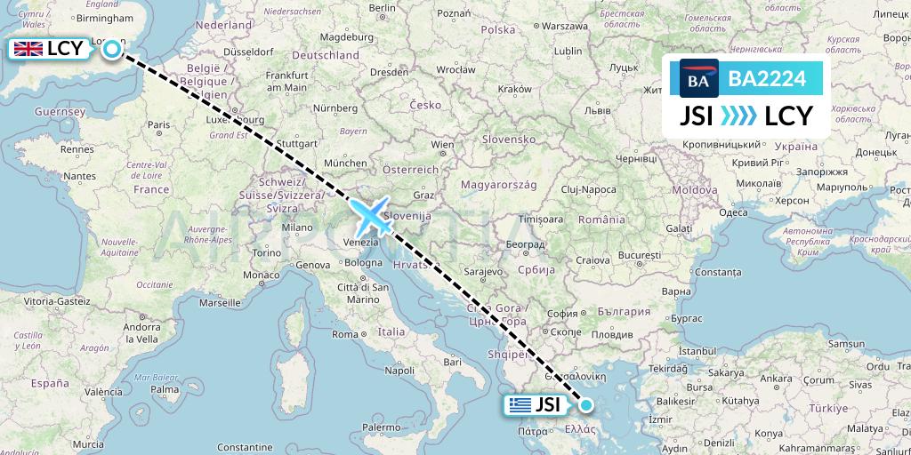 BA2224 British Airways Flight Map: Skiathos to London