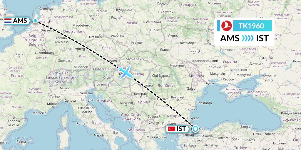 TK1960 Turkish Airlines Flight Map: Amsterdam to Istanbul