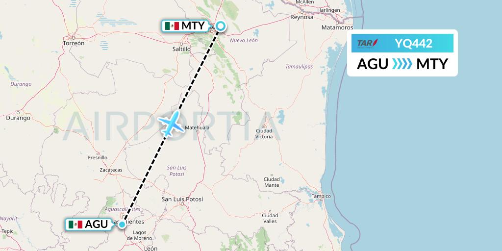 YQ442 TAR Aerolineas Flight Map: Aguascalientes to Monterrey