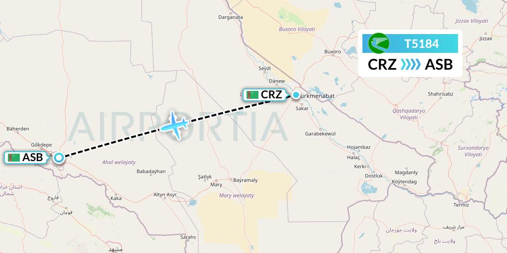 T5184 Turkmenistan Airlines Flight Map: Turkmenabat to Ashgabat