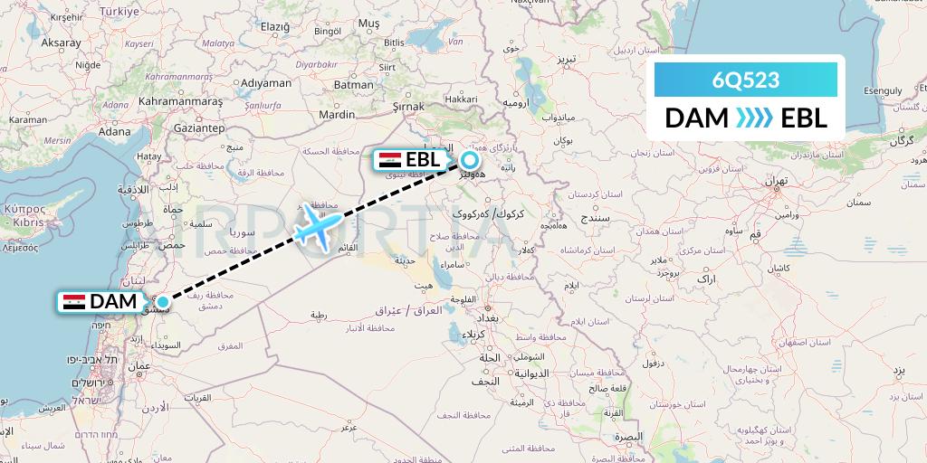 6Q523 Cham Wings Airlines Flight Map: Damascus to Arbil