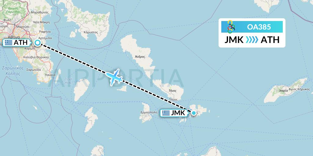 OA385 Olympic Air Flight Map: Mykonos to Athens