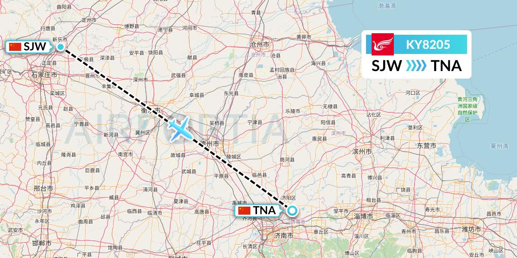 KY8205 Kunming Airlines Flight Map: Shijiazhuang to Jinan