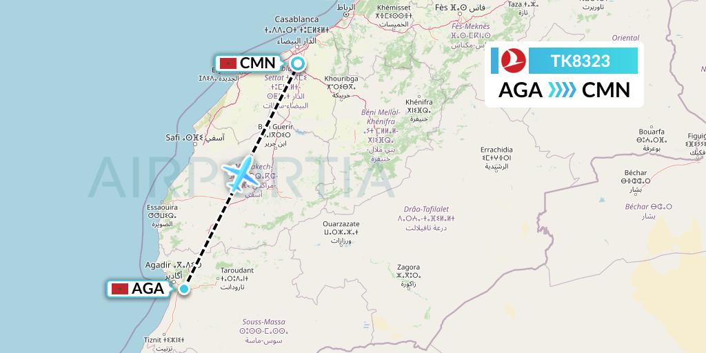 TK8323 Turkish Airlines Flight Map: Agadir to Casablanca