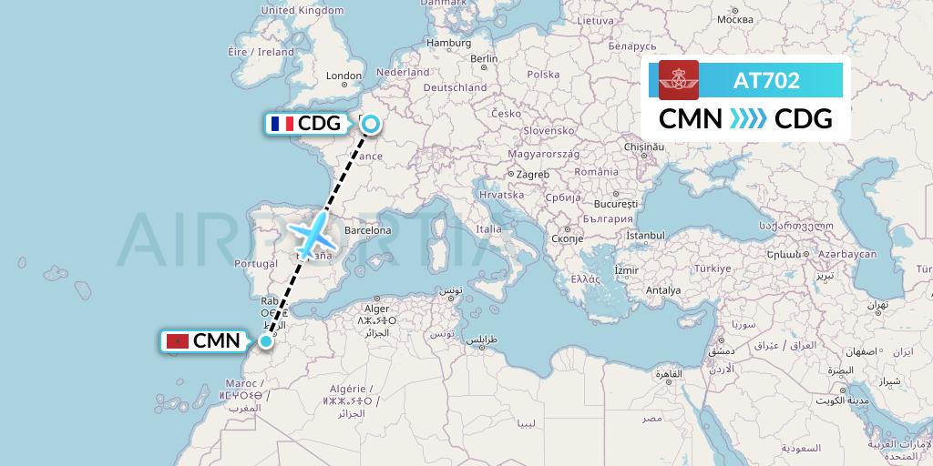 AT702 Royal Air Maroc Flight Map: Casablanca to Paris