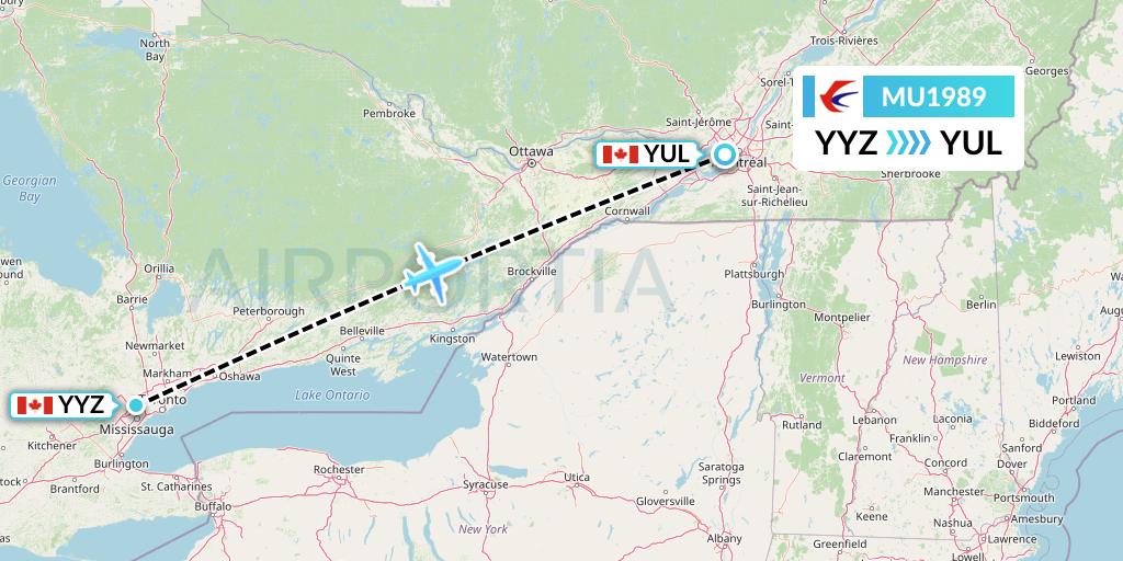 MU1989 China Eastern Airlines Flight Map: Toronto to Montreal