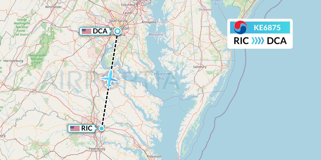 KE6875 Korean Air Flight Map: Richmond to Washington