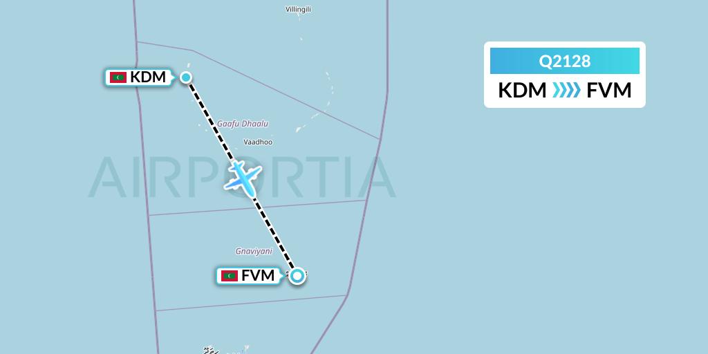 Q2128 Maldivian Flight Map: Kaadedhdhoo Island to Fuvahmulah Island