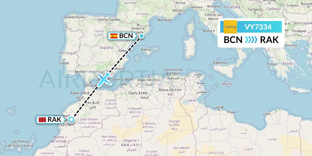 VY7334 Vueling Flight Map: Barcelona to Marrakesh 