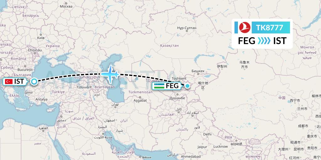 TK8777 Turkish Airlines Flight Map: Fergana to Istanbul