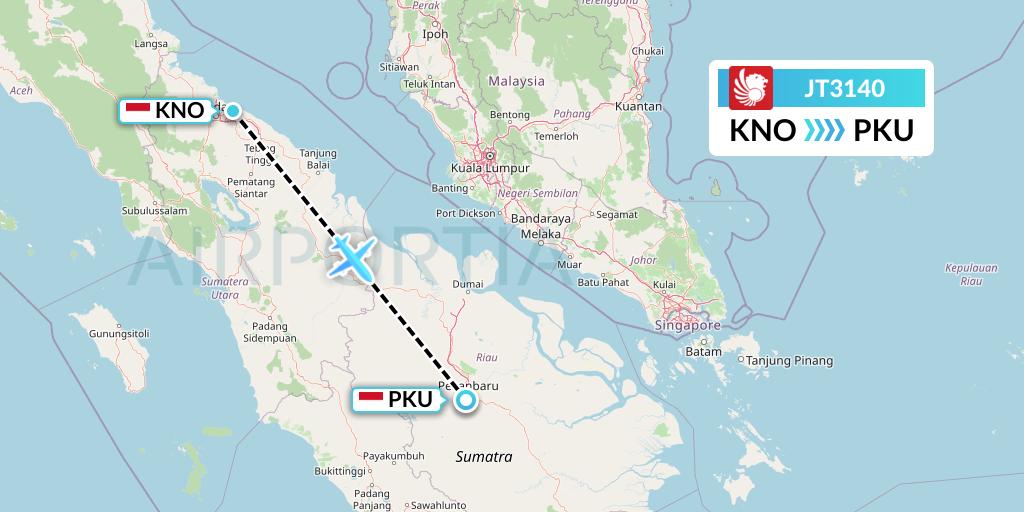JT3140 Lion Airlines Flight Map: Medan to Pekanbaru