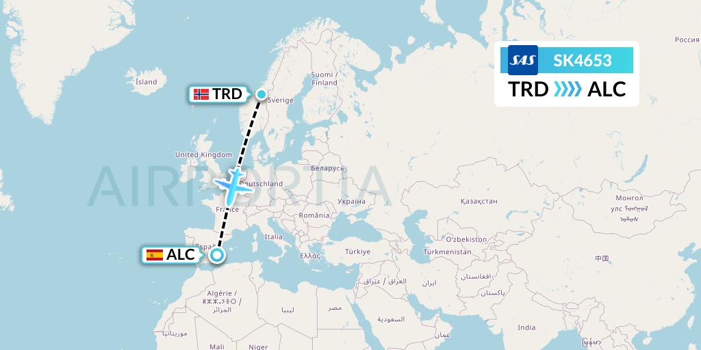 SK4653 SAS Flight Map: Trondheim to Alicante