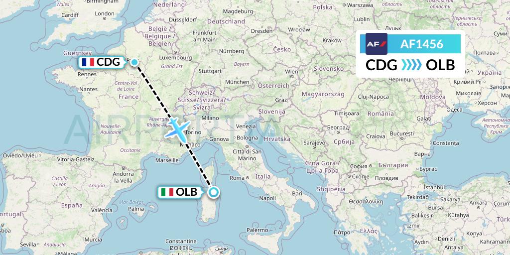 AF1456 Air France Flight Map: Paris to Olbia