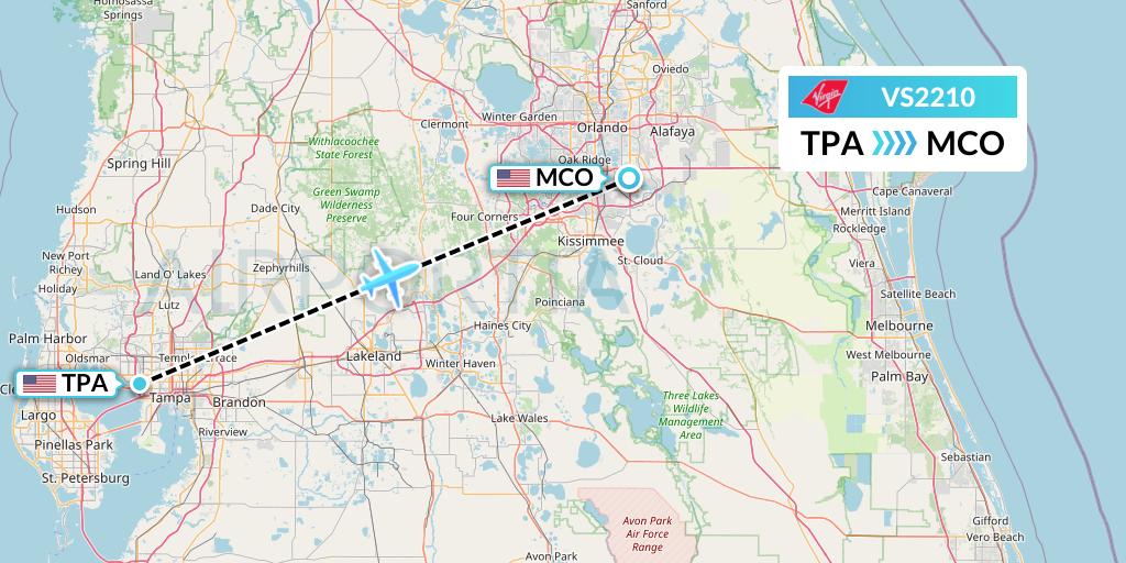VS2210 Virgin Atlantic Airways Flight Map: Tampa to Orlando