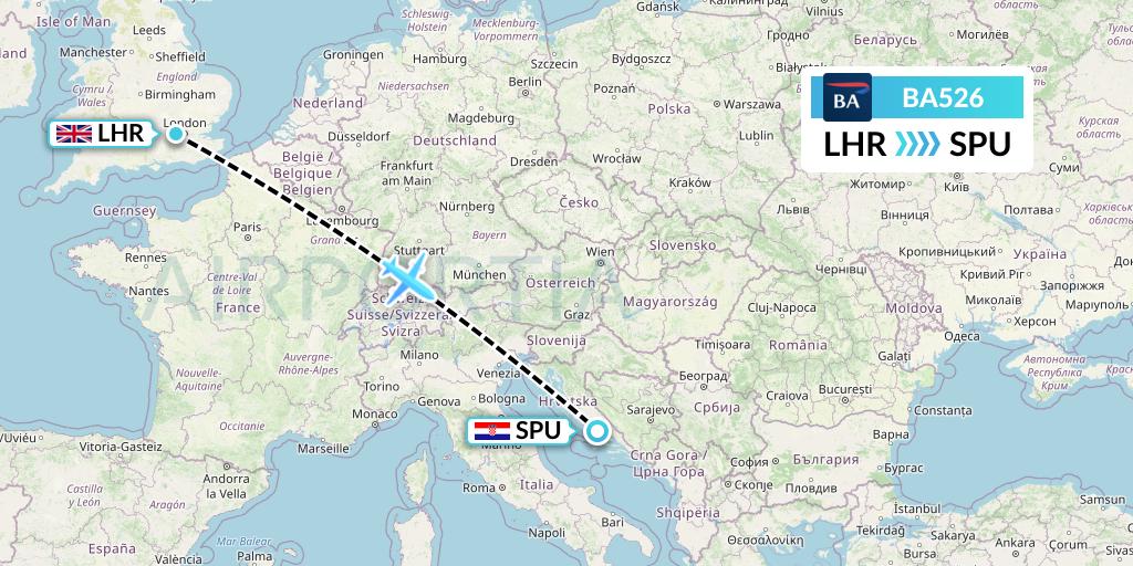 BA526 British Airways Flight Map: London to Split