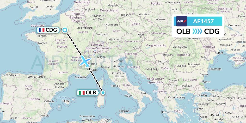 AF1457 Air France Flight Map: Olbia to Paris