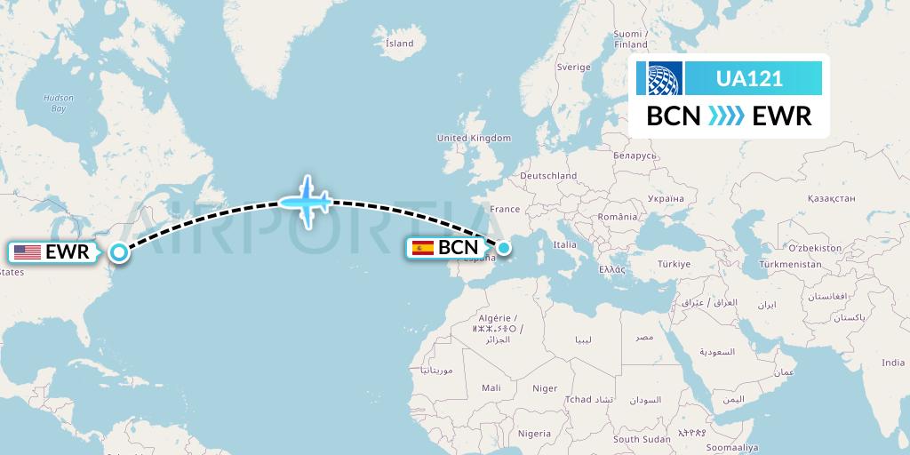 UA121 United Airlines Flight Map: Barcelona to New York