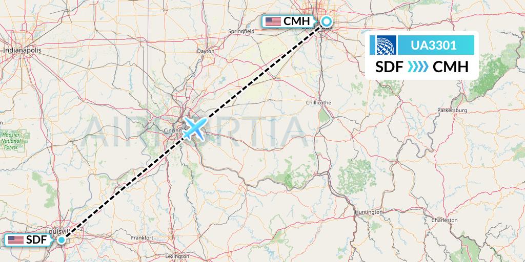 UA3301 United Airlines Flight Map: Louisville to Columbus