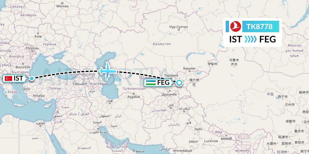 TK8778 Turkish Airlines Flight Map: Istanbul to Fergana