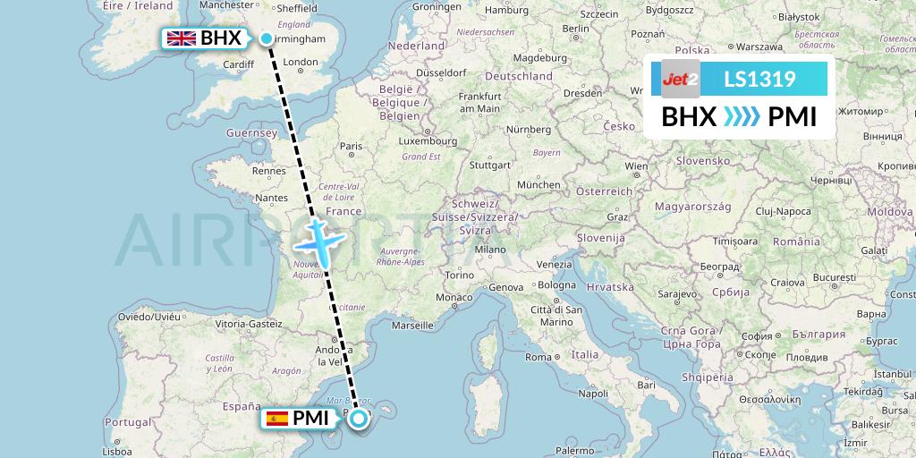 LS1319 Jet2 Flight Map: Birmingham to Palma de Mallorca