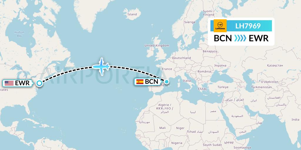 LH7969 Lufthansa Flight Map: Barcelona to New York