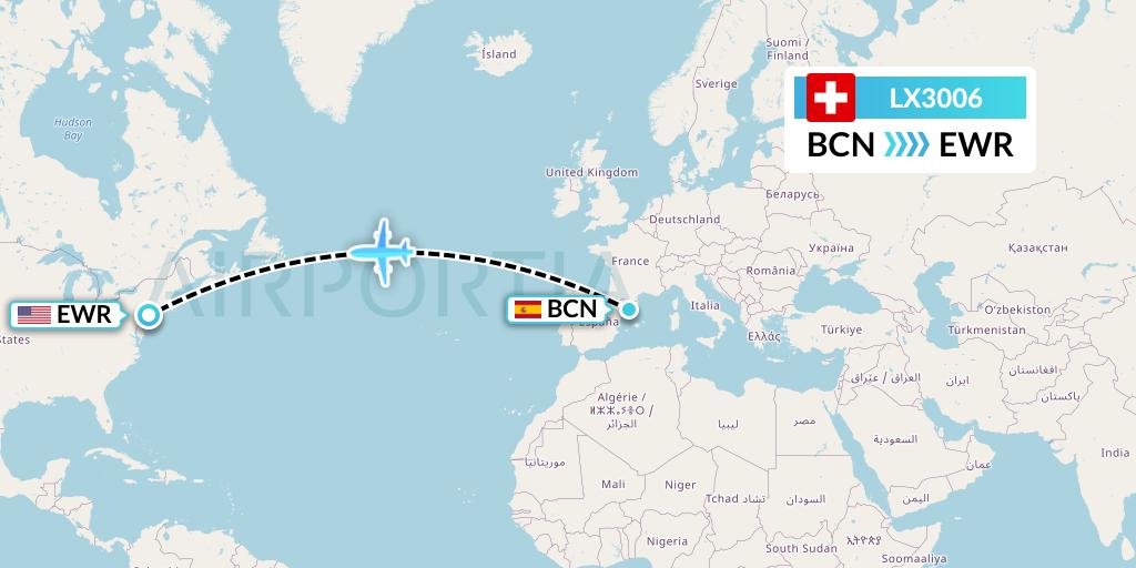 LX3006 Swiss Flight Map: Barcelona to New York