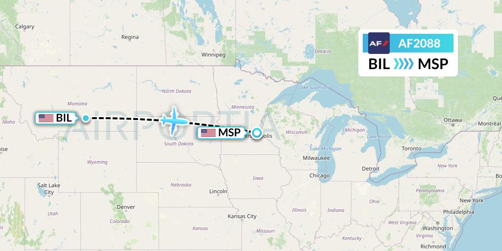 AF2088 Air France Flight Map: Billings to Minneapolis