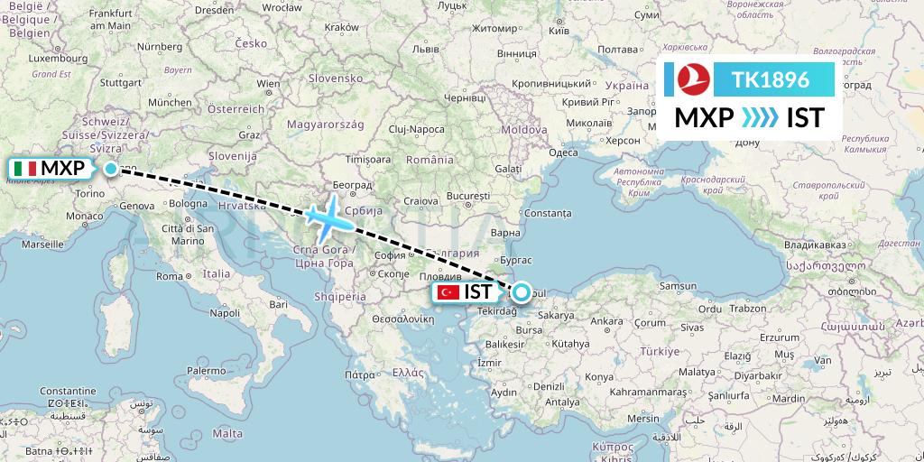 TK1896 Turkish Airlines Flight Map: Milan to Istanbul