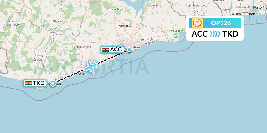 OP126 PassionAir Flight Map: Accra to Takoradi