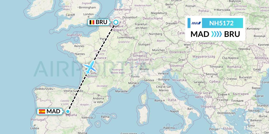NH5172 All Nippon Airways Flight Map: Madrid to Brussels