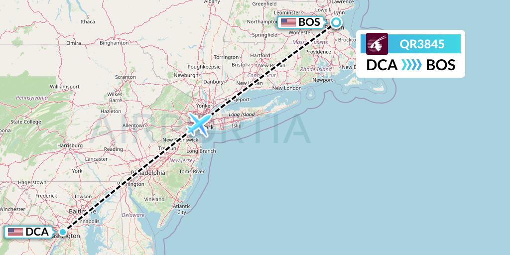 QR3845 Qatar Airways Flight Map: Washington to Boston