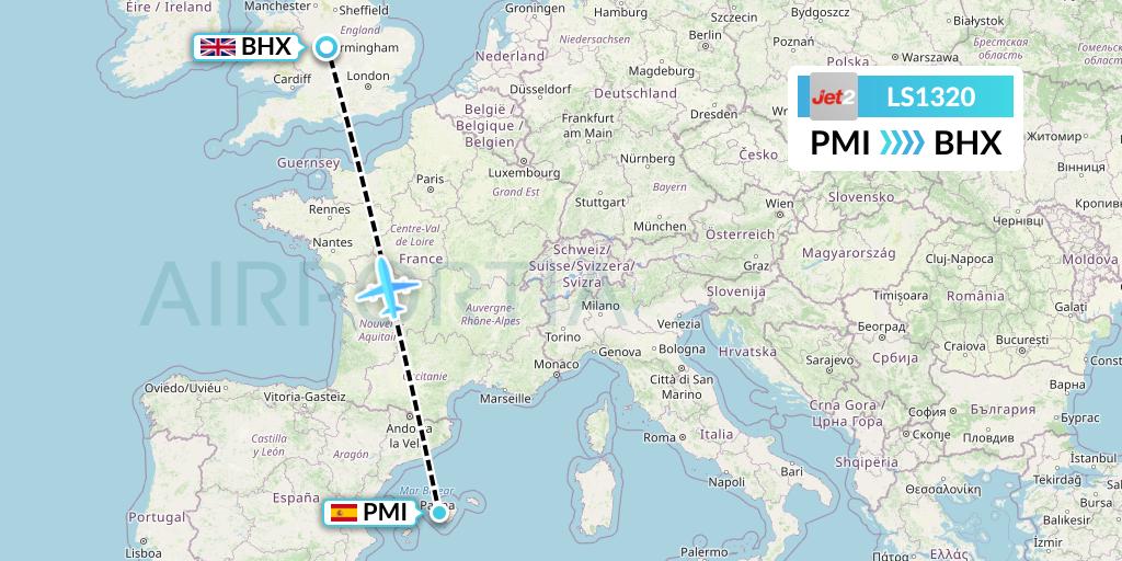 LS1320 Jet2 Flight Map: Palma de Mallorca to Birmingham