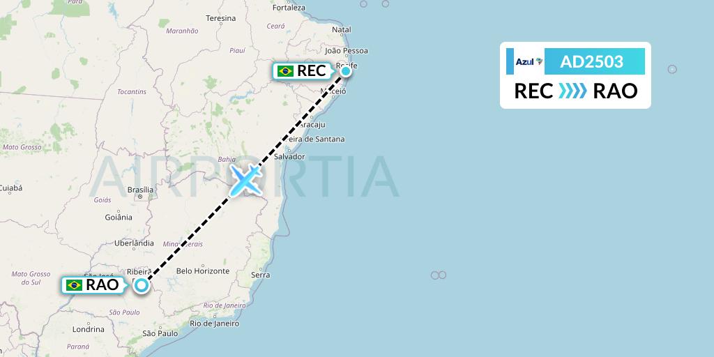 AD2503 Azul Brazilian Airlines Flight Map: Recife to Riberao Preto
