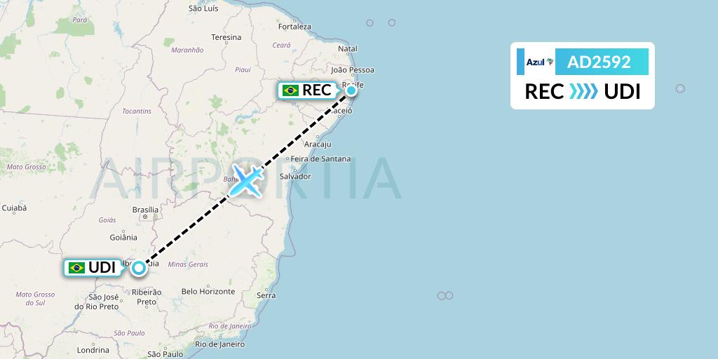 AD2592 Azul Brazilian Airlines Flight Map: Recife to Uberlandia