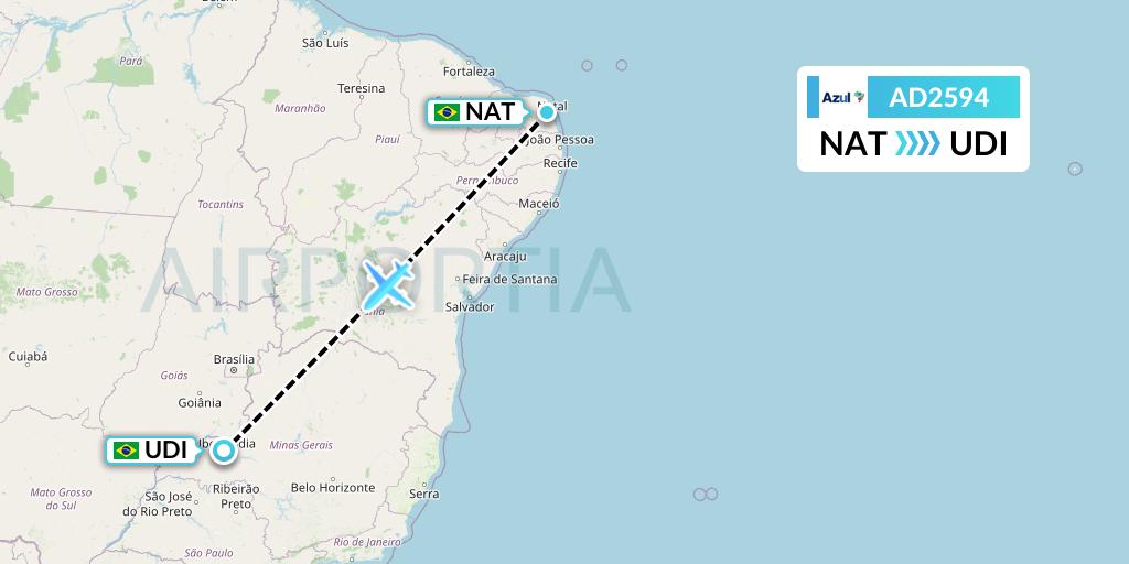 AD2594 Azul Brazilian Airlines Flight Map: Natal to Uberlandia