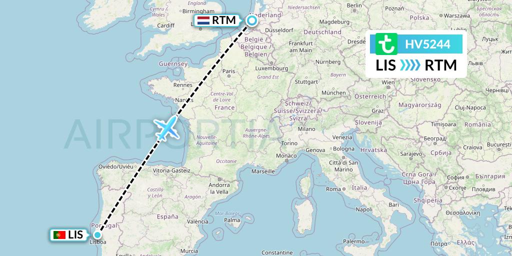HV5244 Transavia Flight Map: Lisbon to Rotterdam